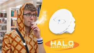 A teenage boy vaping in the library with an image of the Halo Sensor superimposed on the image
